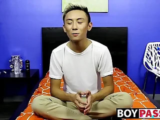 Asian twink strips naked and masturbates after an interview