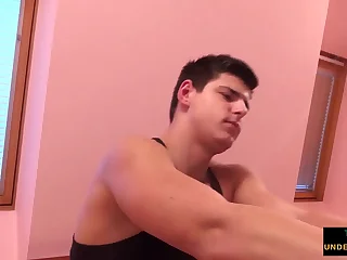 Tattooed twink is cum covered after anal